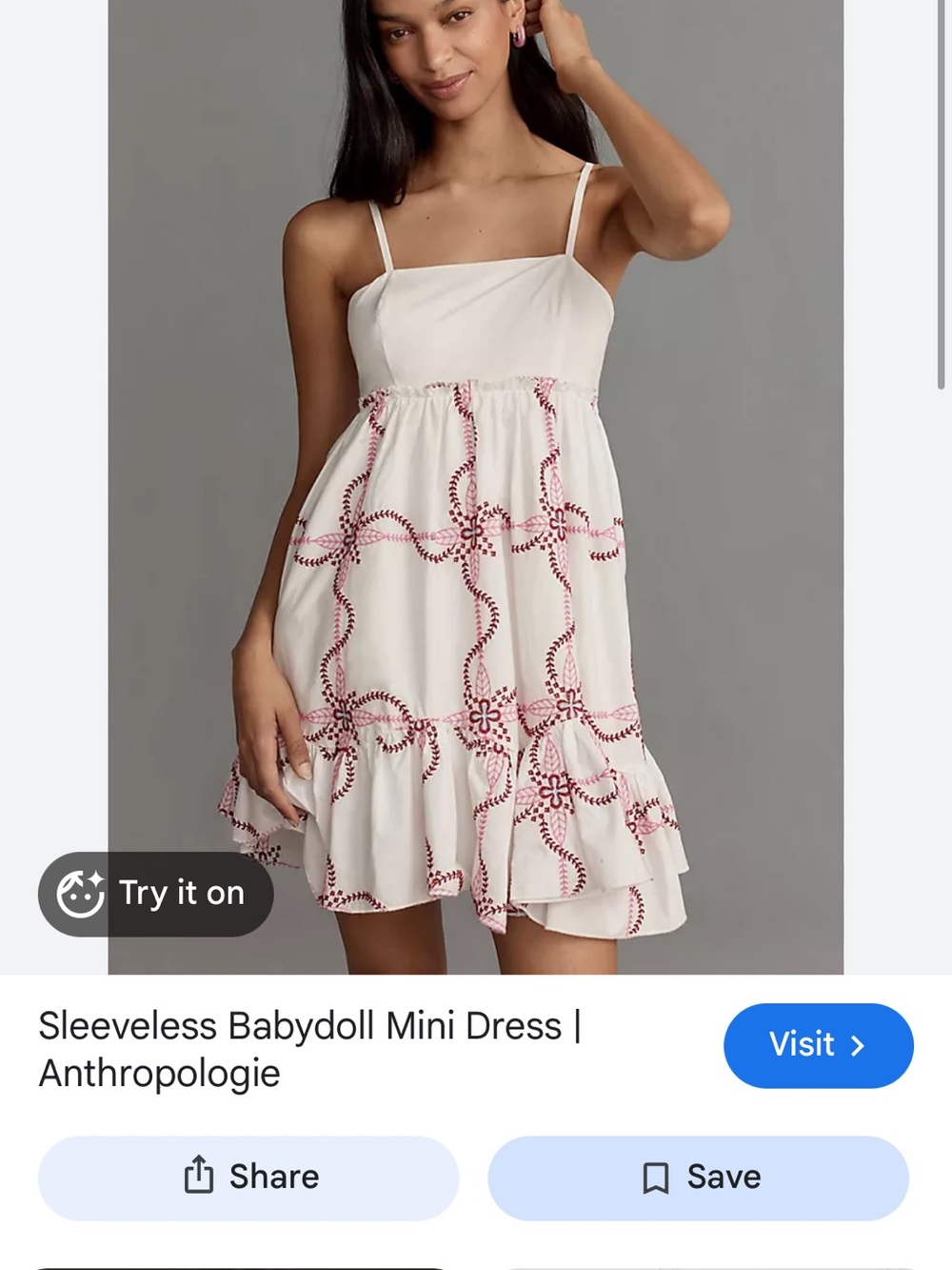Anthropologie White Spaghetti-Strap Babydoll Dress with Pink Embroidery